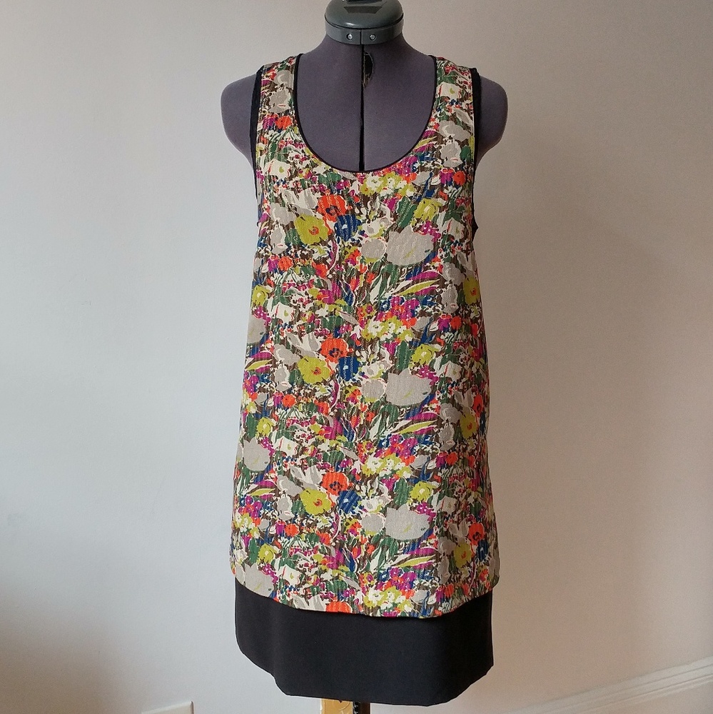 Gold metallic stripe and floral shift dress, XS